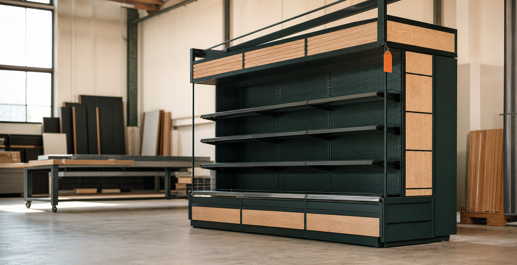 Custom dark green and timber retail shelving in a clean manufacturing workshop